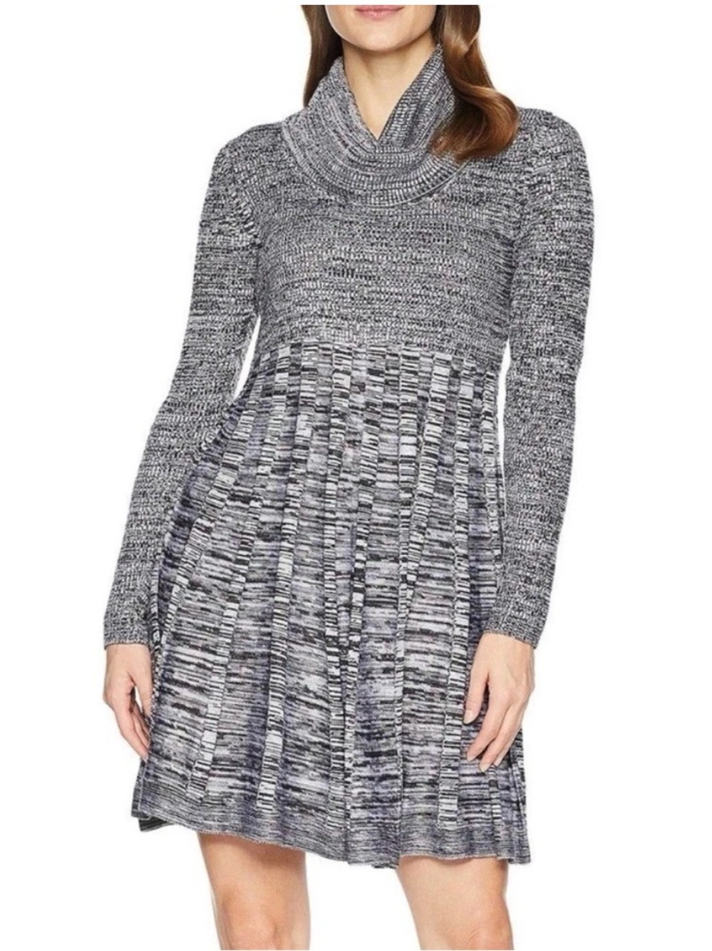 Calvin Klein cowl neck sweater dress marled black and white knit flare skirt 2X